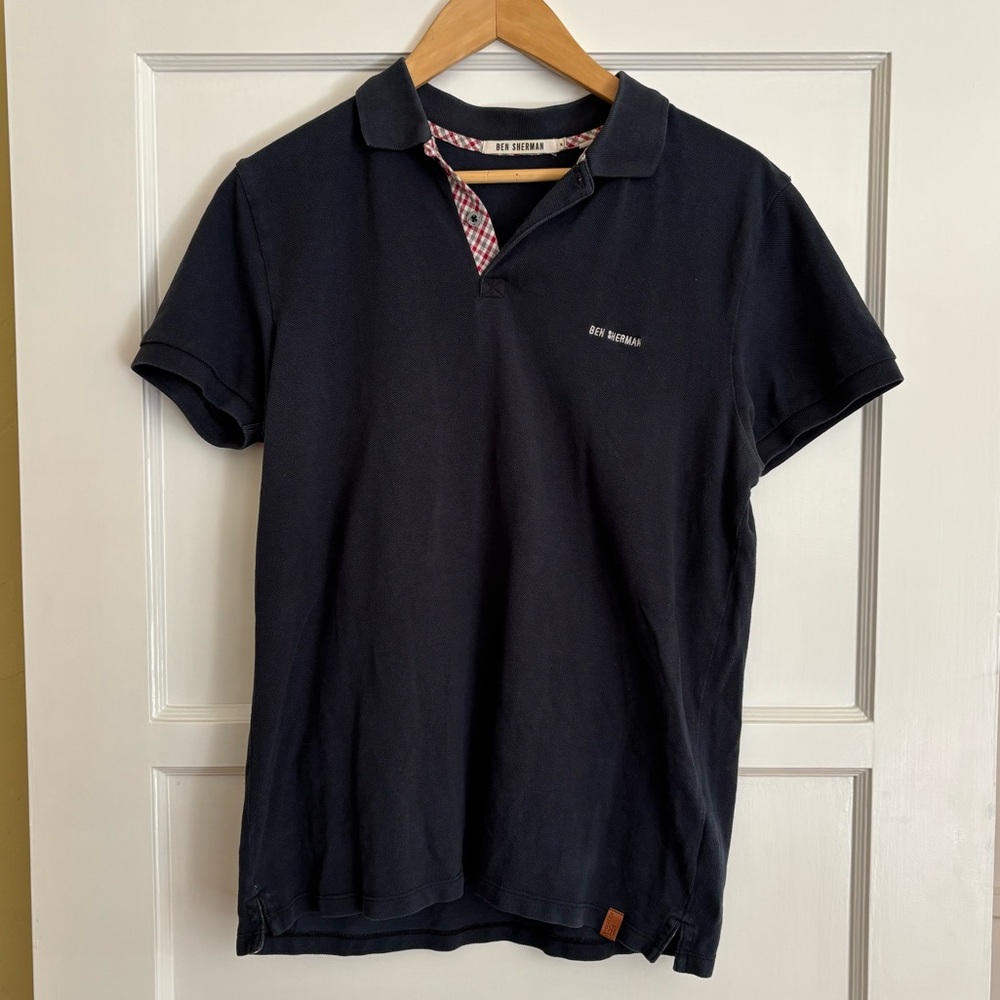 Ben Sherman Men’s Classic Polo in Navy Blue with Gingham Trim